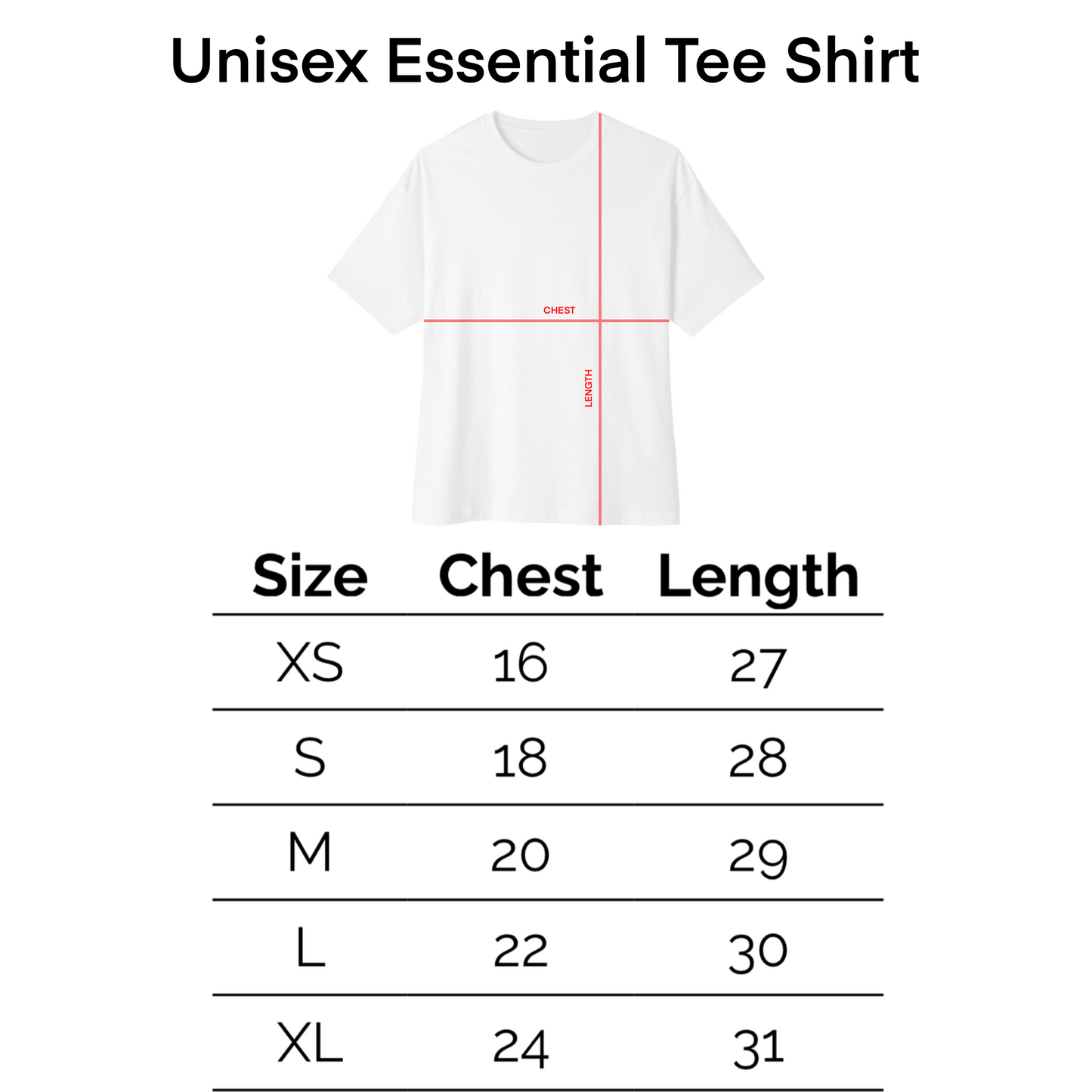 GIOVESSA ESSENTIAL TEE SHIRT SIZE CHART