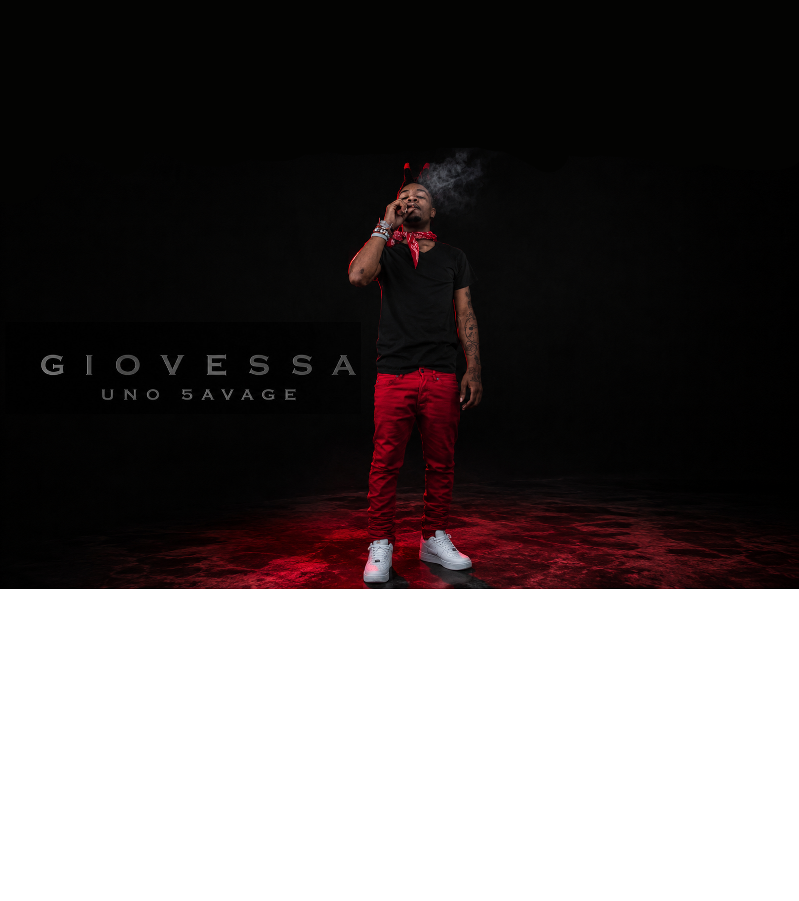 Person in black shirt and red pants with 'Giovessa Uno Savage' branding on a black background